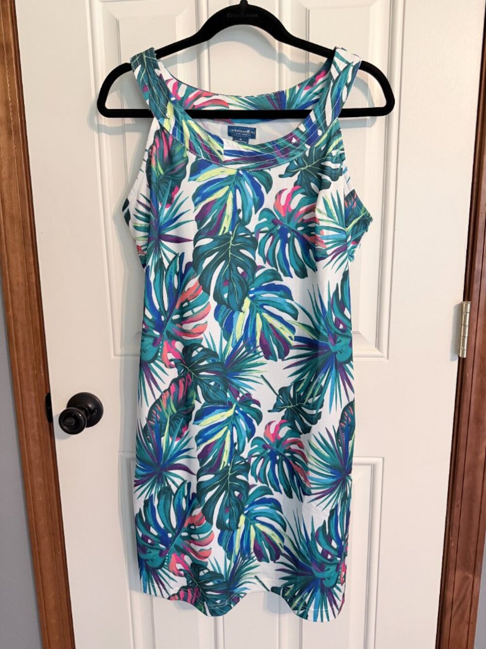 Caribbean Joe Blue Palm Shift Dress with Scoop Neck M